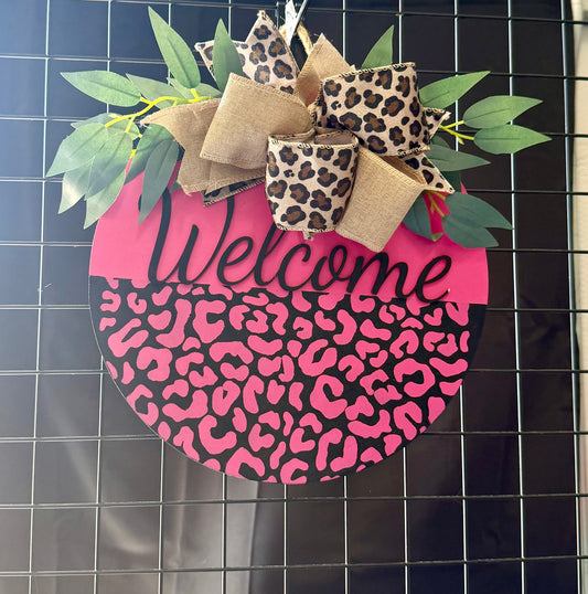 Pink Leopard Print Welcome sign with ribbon